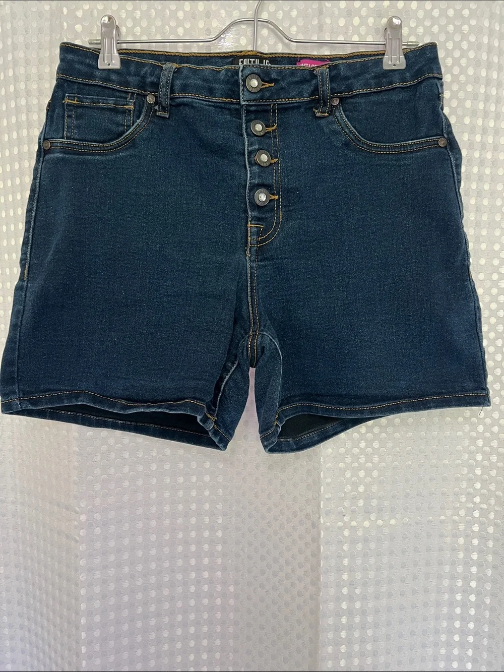 Summer Sale! Women’s High-Rise Dark Blue Denim Shorts w/Crystal Detail Button